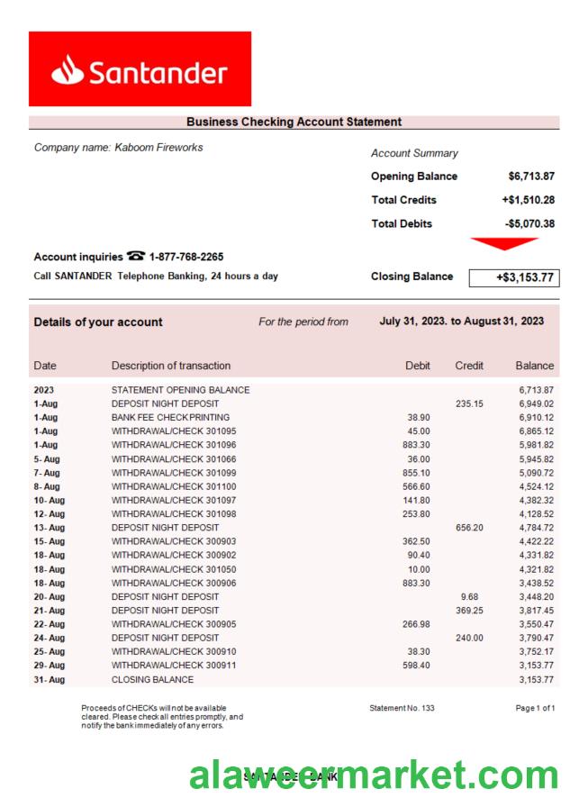 Santander Bank company account statement Word and PDF template